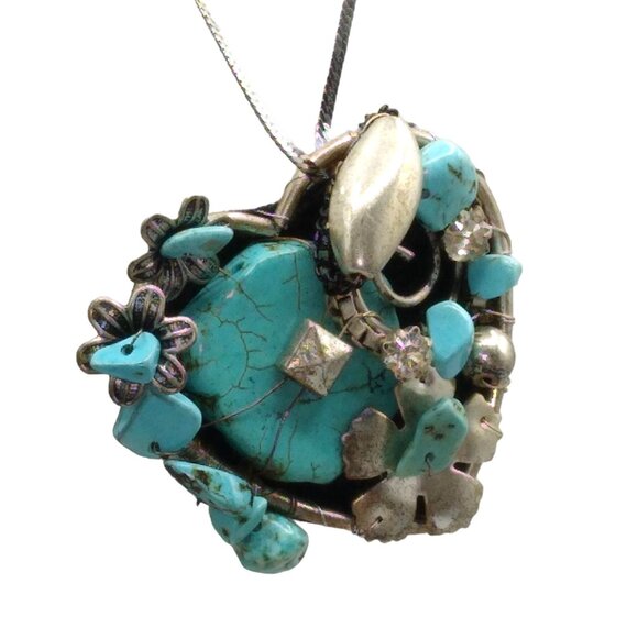 Unique Dyed Howlite Pendant Necklace, Silver Tone Assemblage of Turquoise Color - Picture 2 of 4